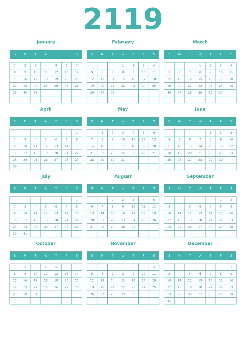 Printable 2119 Year Calendars verdigris