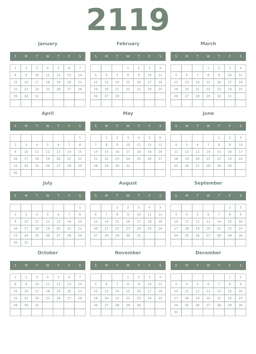 Printable 2119 Year Calendars xanadu
