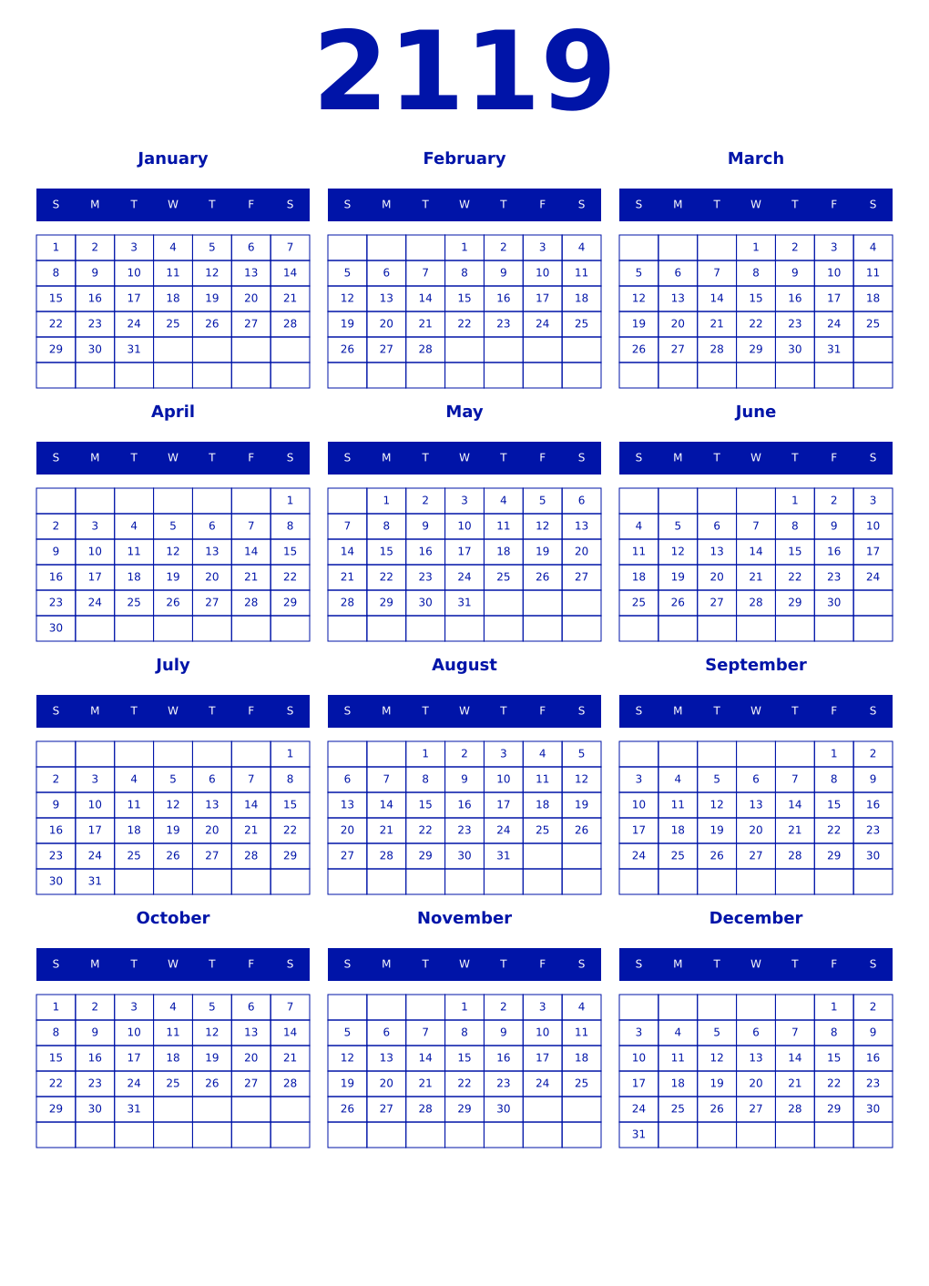 Printable 2119 Year Calendars zaffre