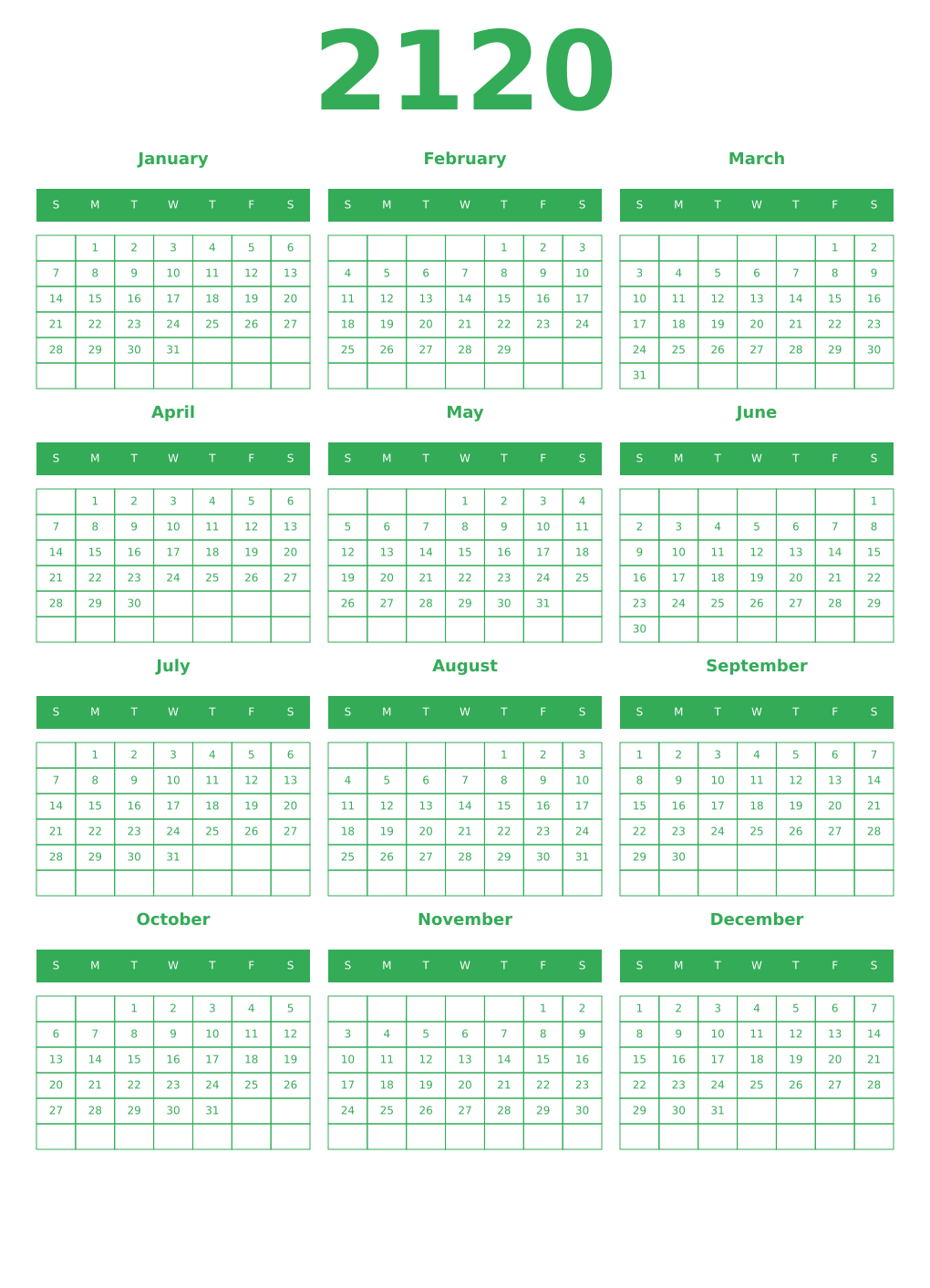Printable 2120 Year Calendars green
