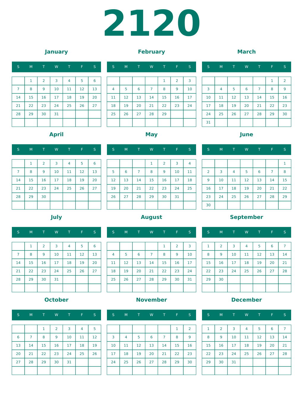 Printable 2120 Year Calendars pastel