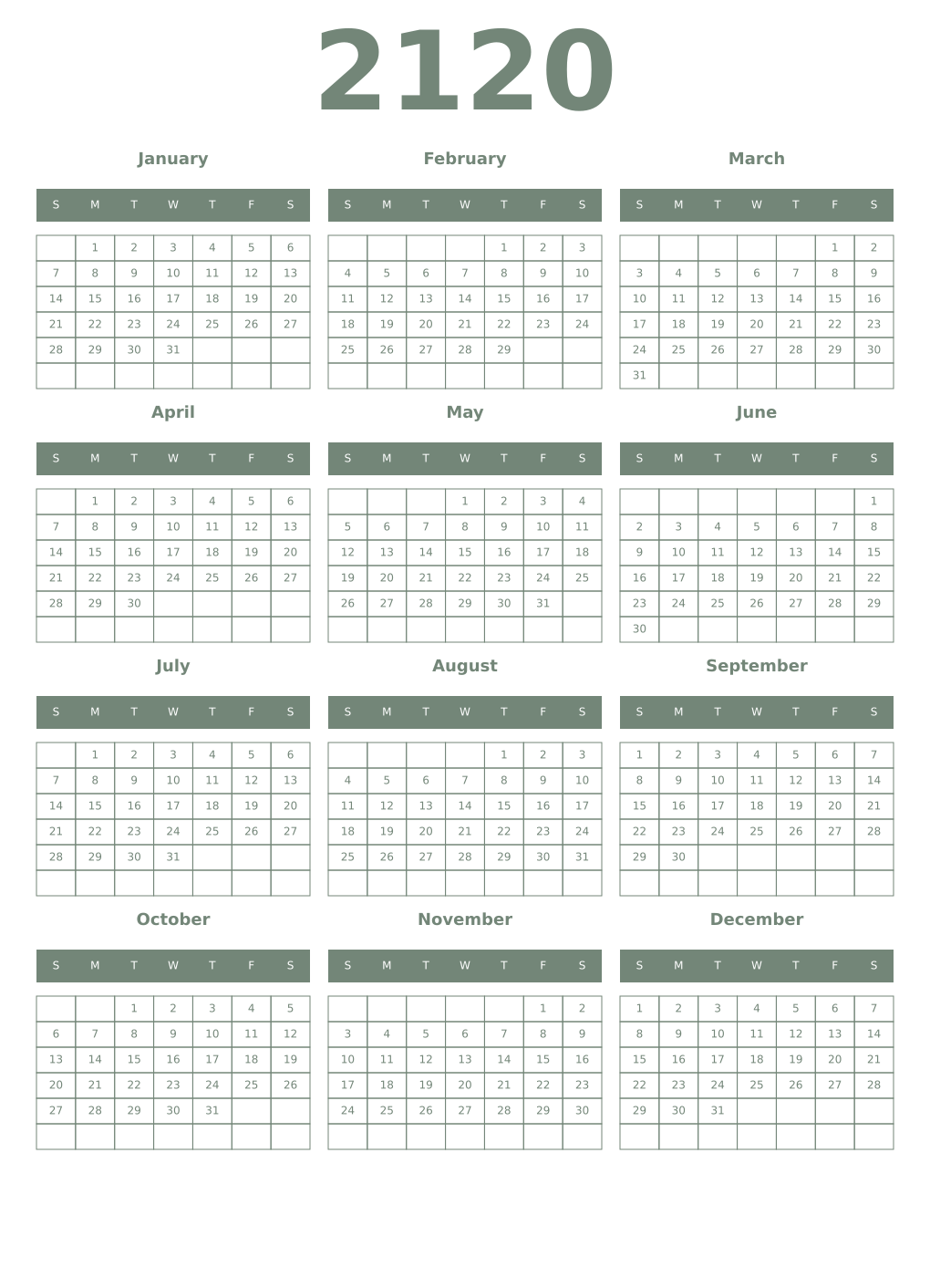 Printable 2120 Year Calendars xanadu