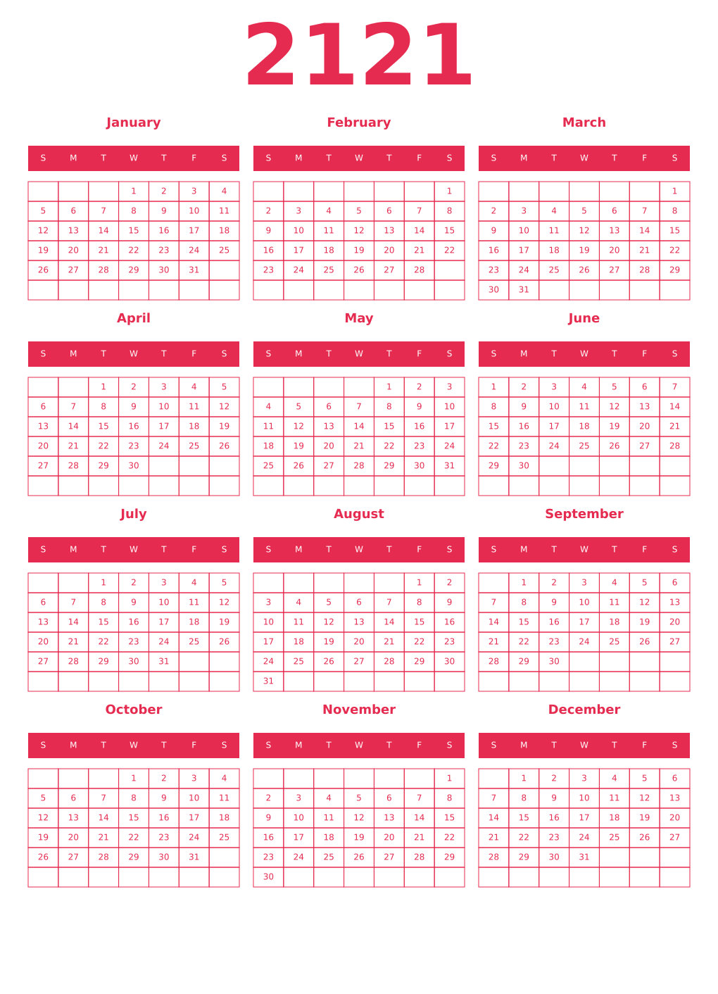 Printable 2121 Year Calendars amaranth