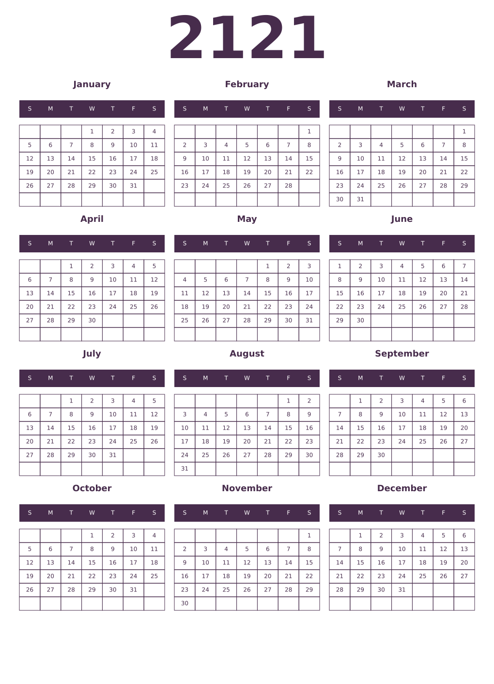 Printable 2121 Year Calendars aubergine