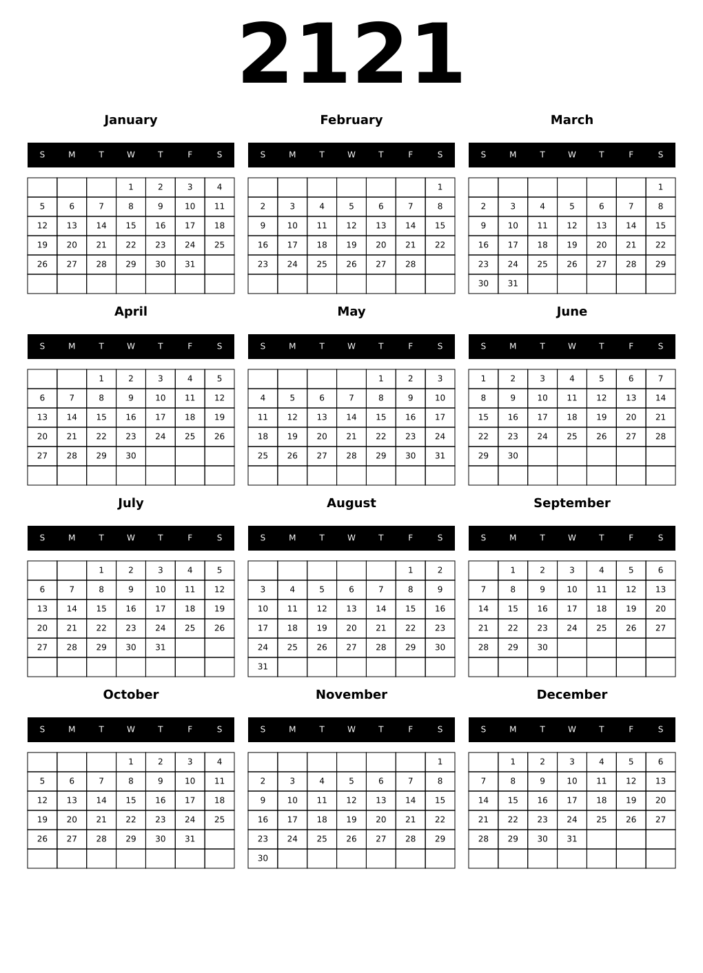 Printable 2121 Year Calendars black