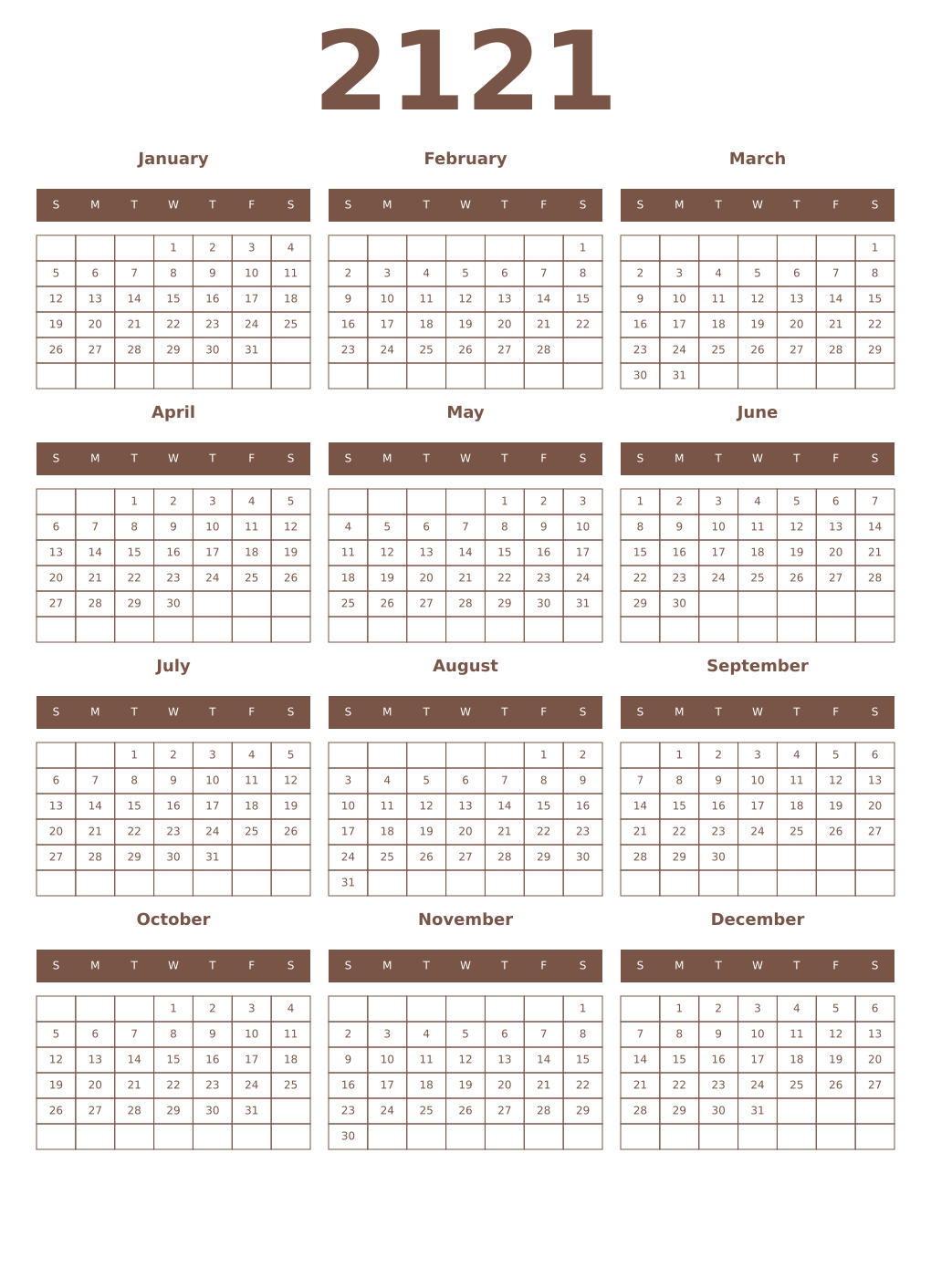 Printable 2121 Year Calendars coffe