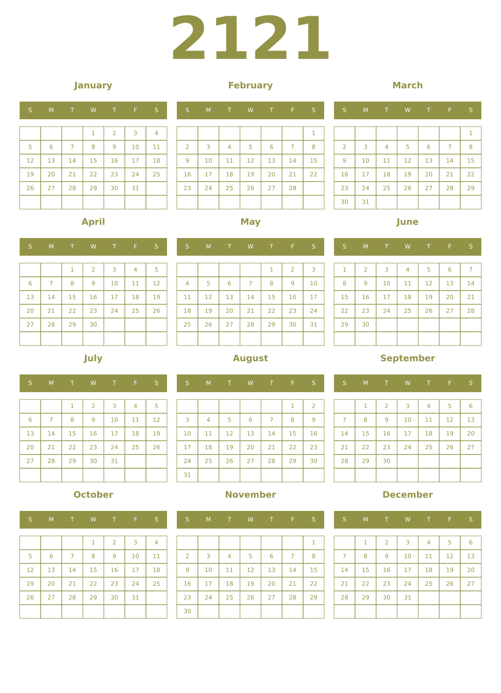 Printable 2121 Year Calendars eburnean