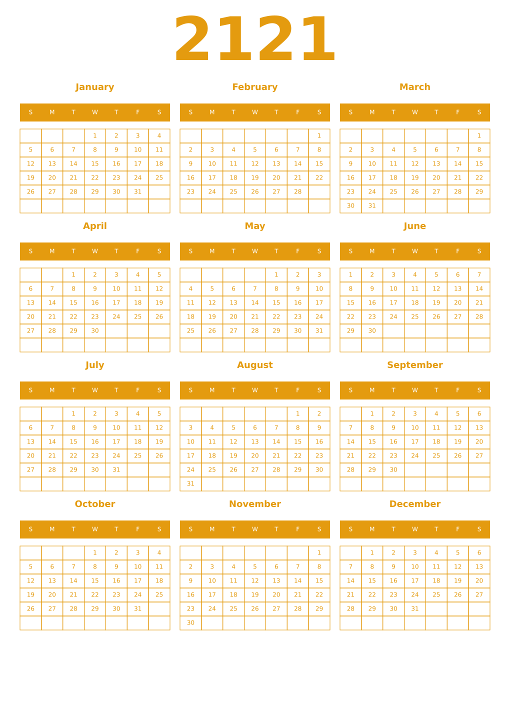 Printable 2121 Year Calendars gamboge