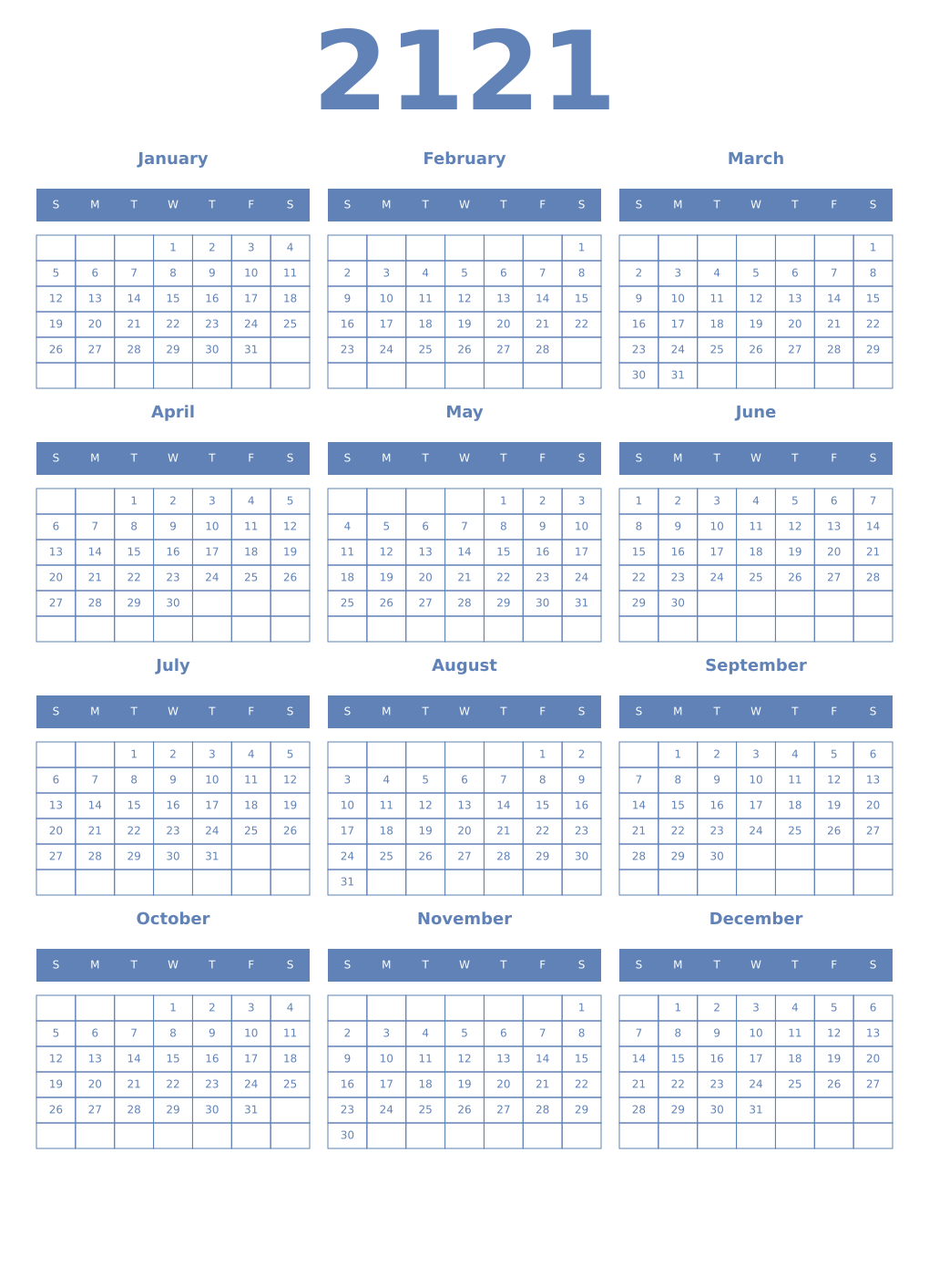 Printable 2121 Year Calendars glaucous