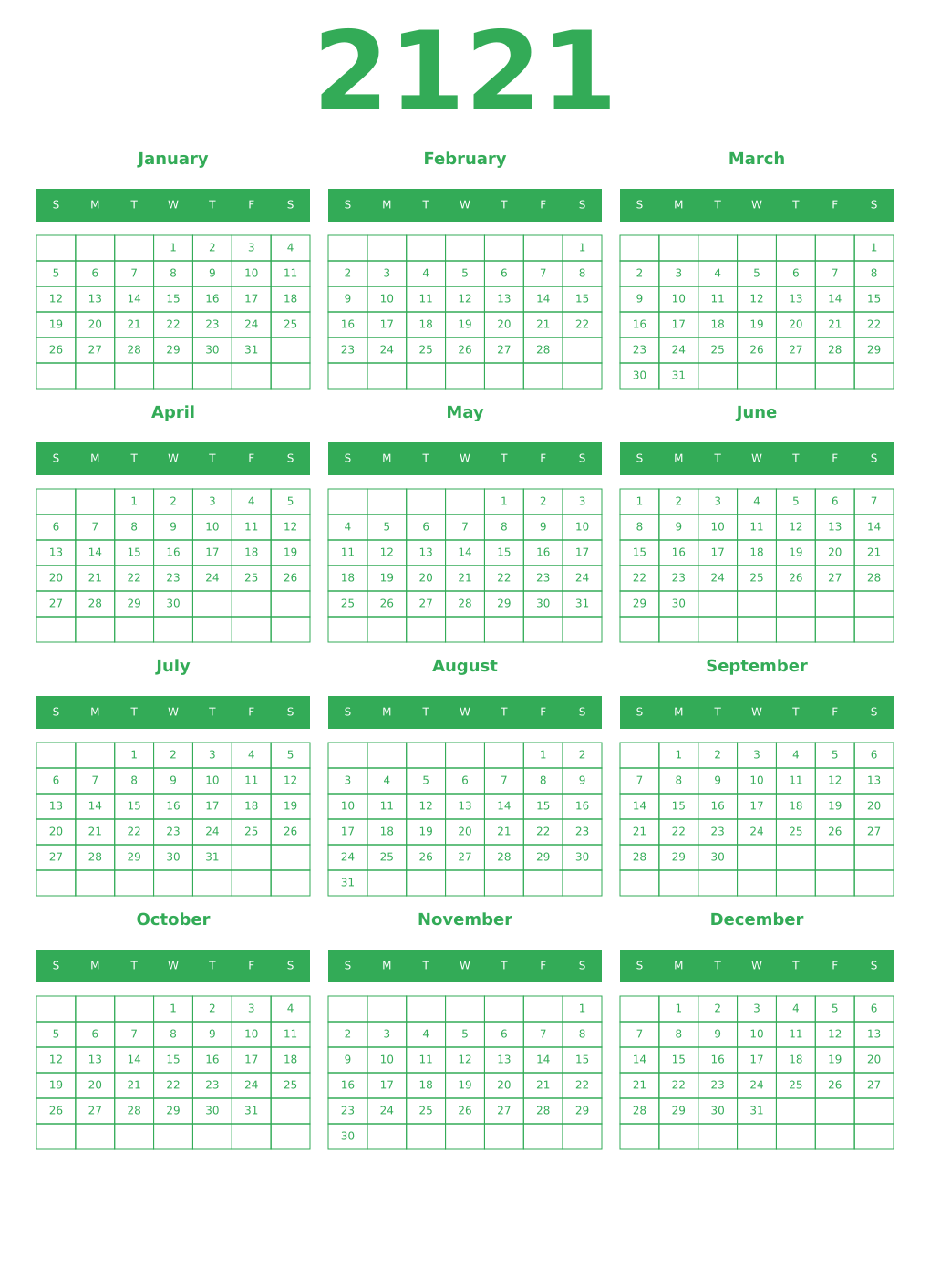 Printable 2121 Year Calendars green