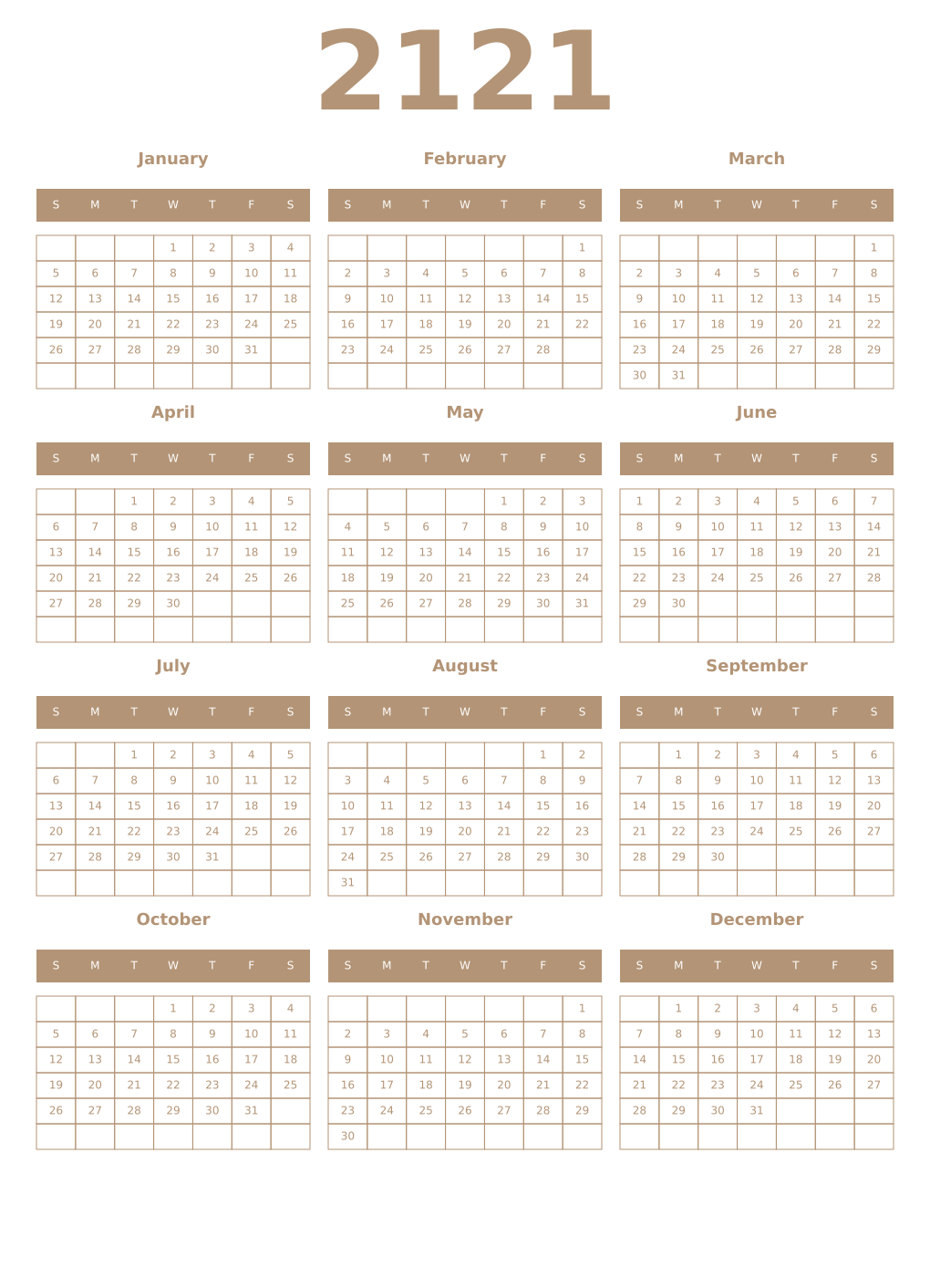Printable 2121 Year Calendars isabelline