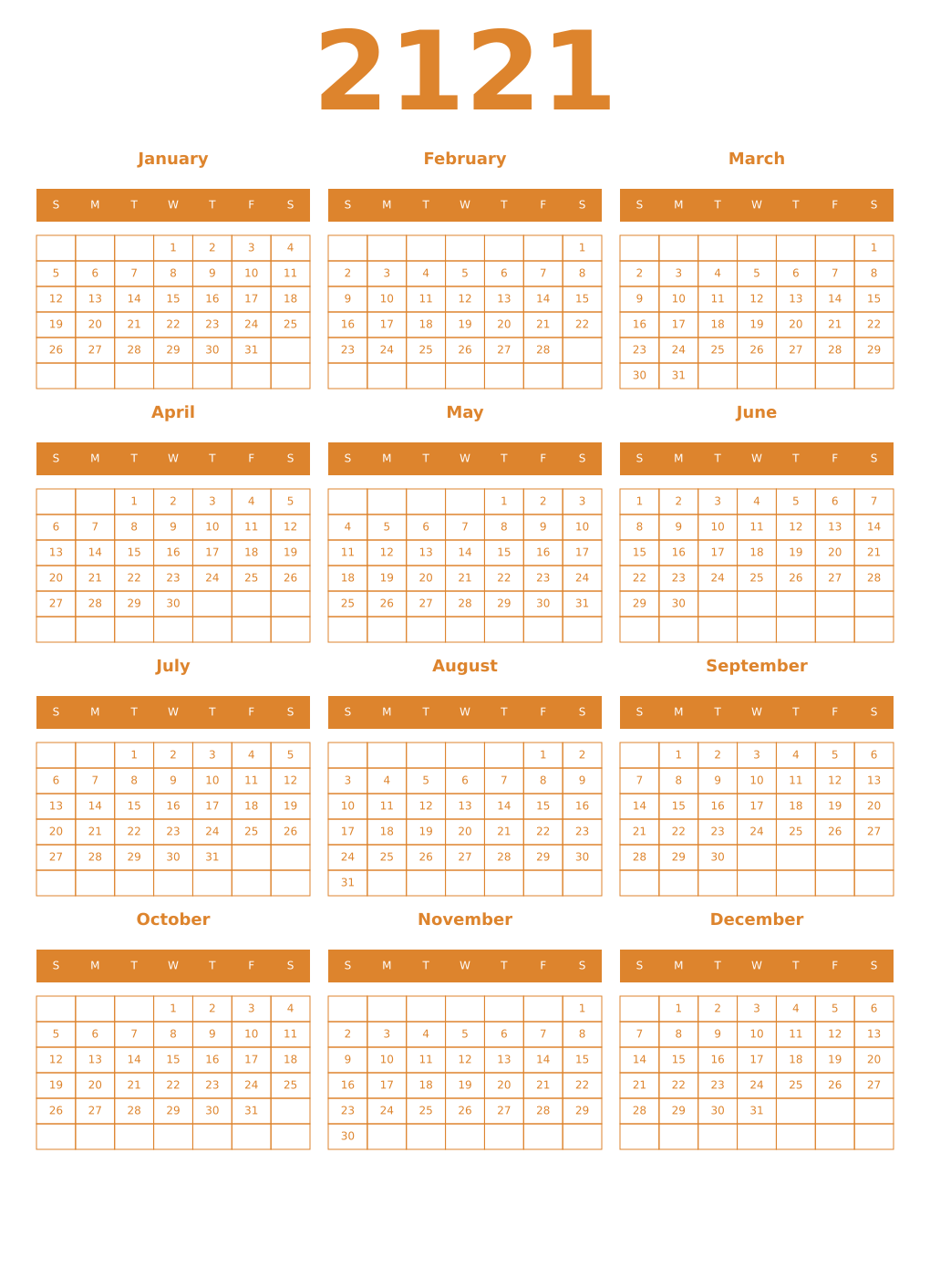 Printable 2121 Year Calendars orange