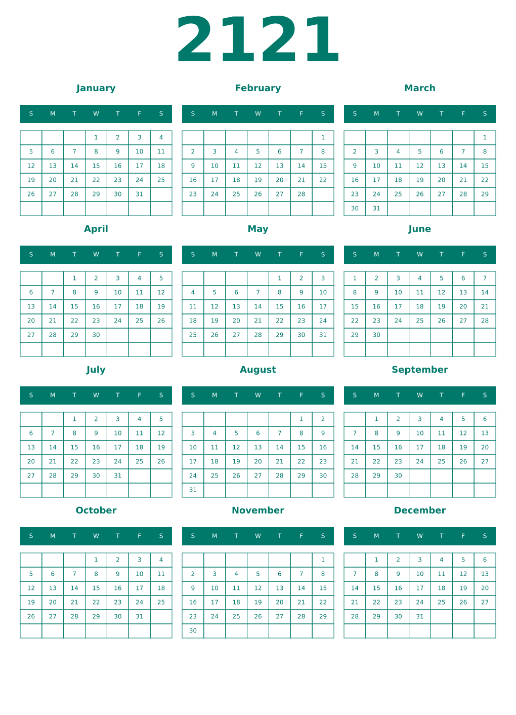 Printable 2121 Year Calendars pastel