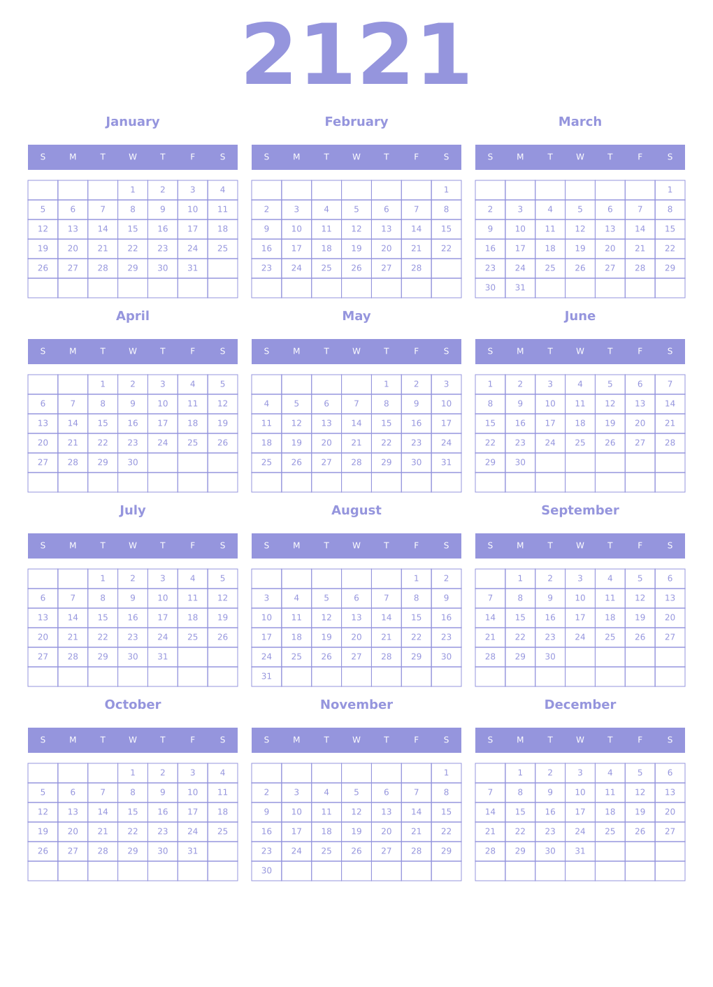 Printable 2121 Year Calendars periwinkle