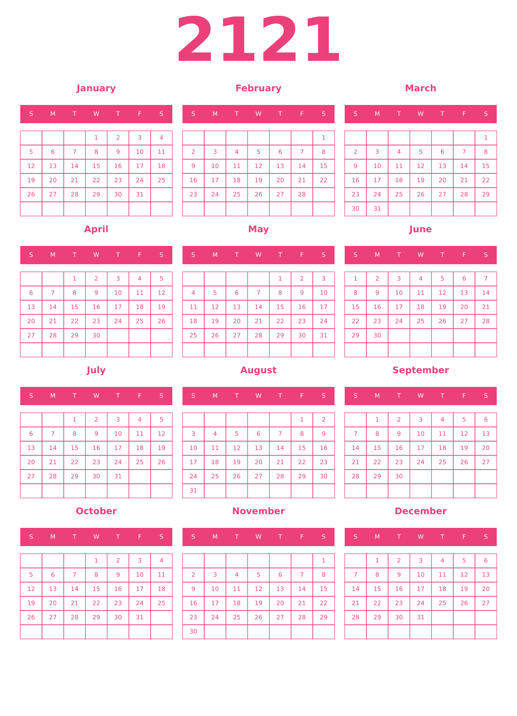 Printable 2121 Year Calendars pink