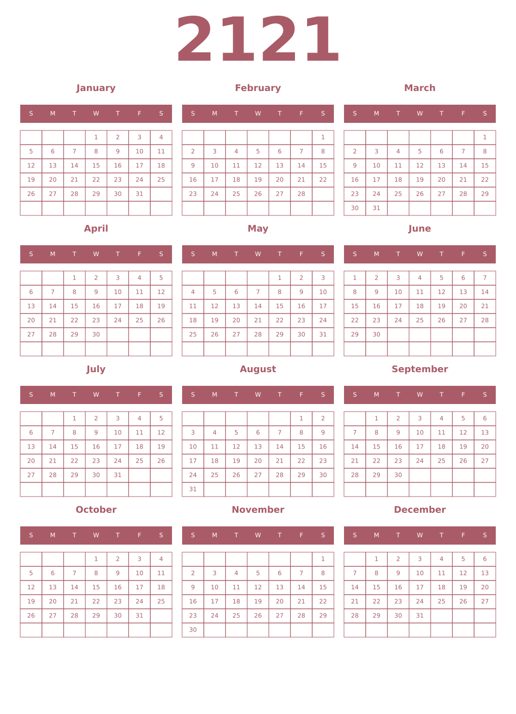 Printable 2121 Year Calendars puce