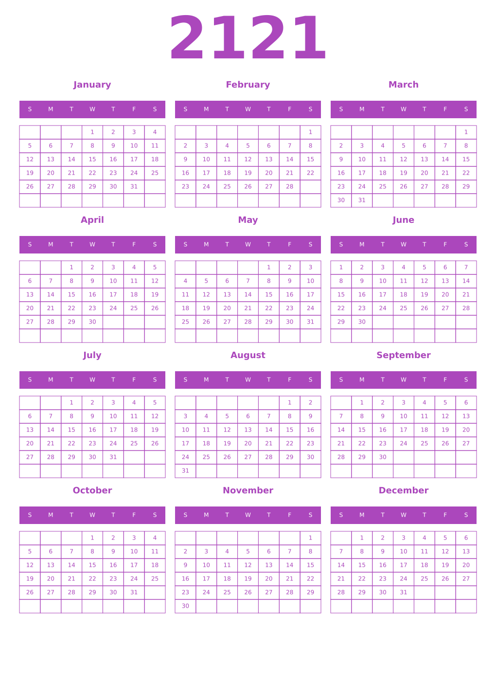 Printable 2121 Year Calendars purple
