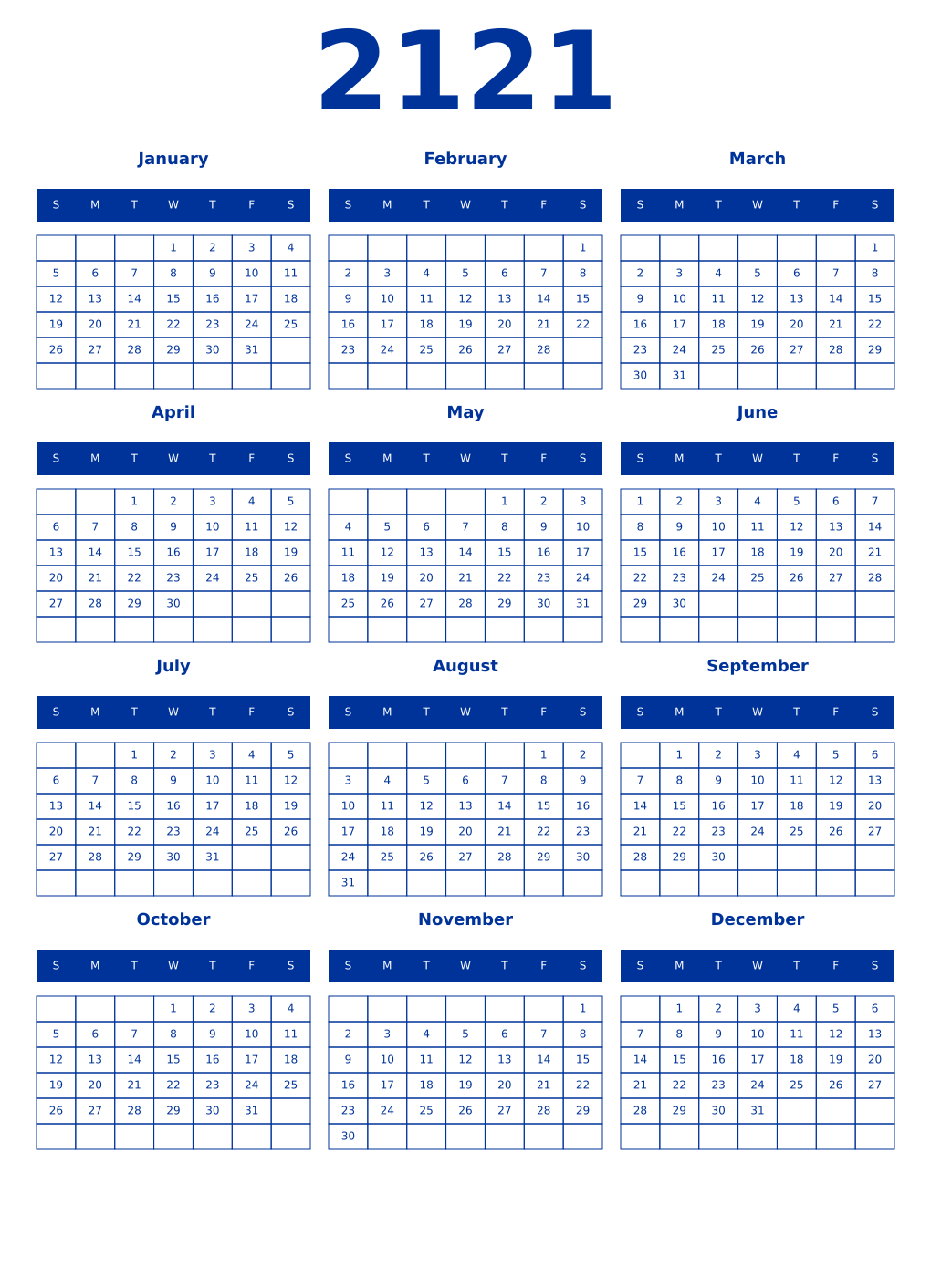 Printable 2121 Year Calendars smalt