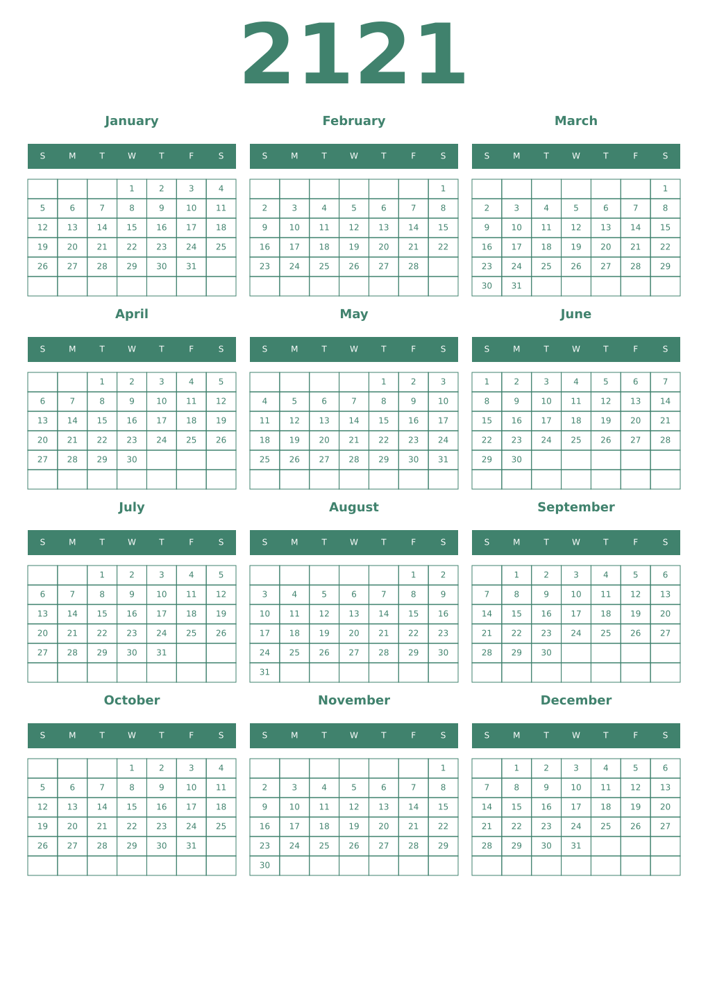 Printable 2121 Year Calendars viridian