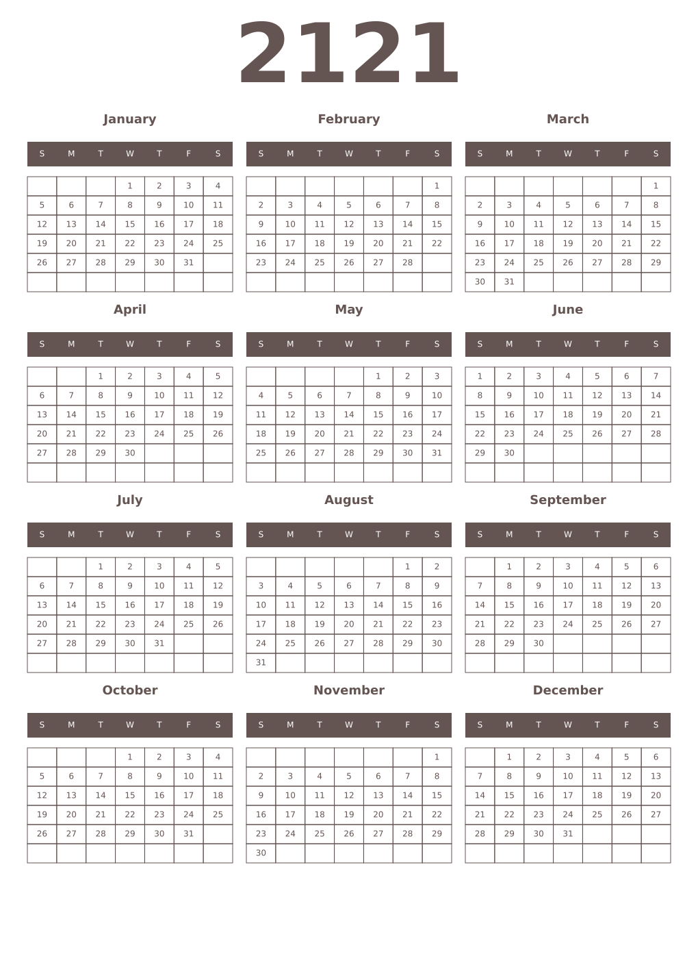 Printable 2121 Year Calendars wenge
