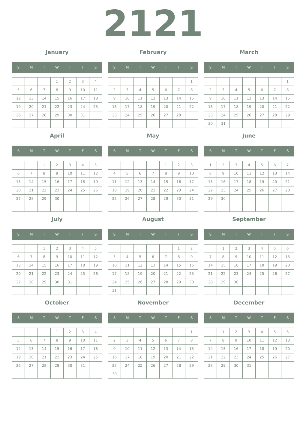 Printable 2121 Year Calendars xanadu