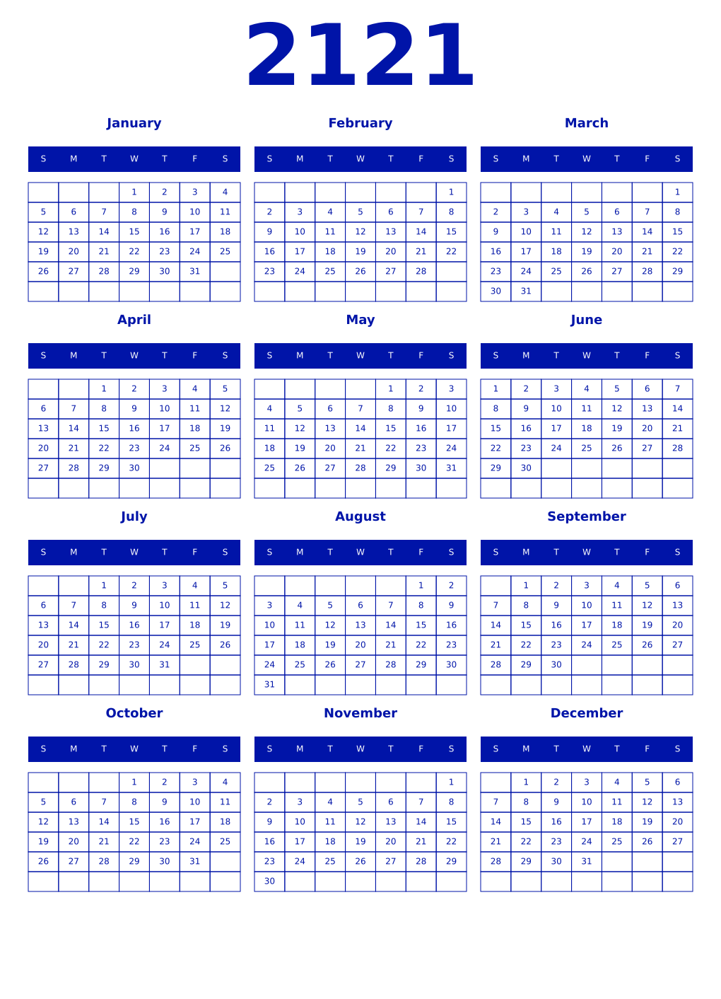 Printable 2121 Year Calendars zaffre