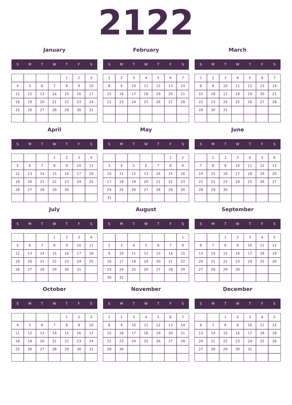 Printable 2122 Year Calendars aubergine