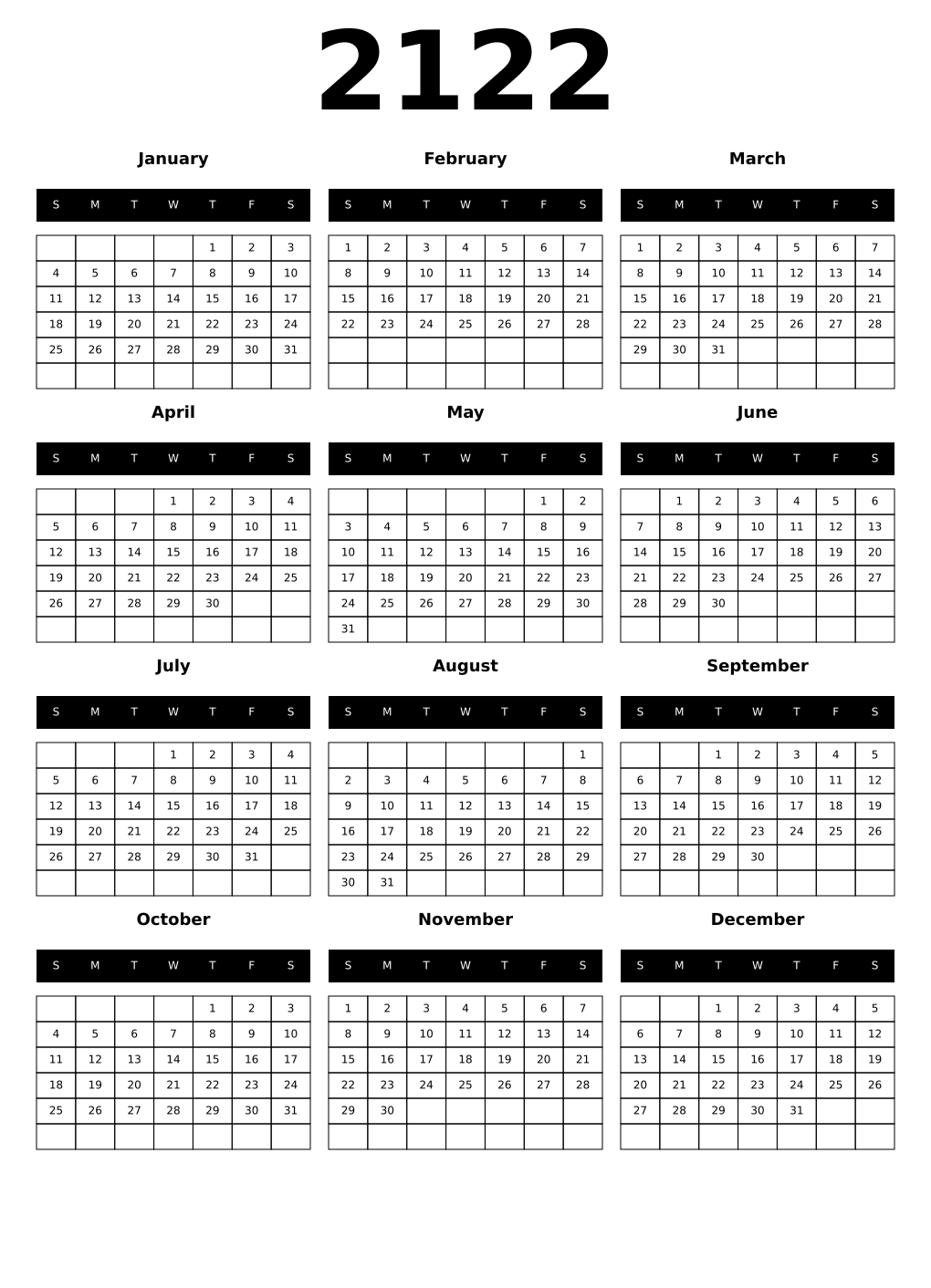 Printable 2122 Year Calendars black