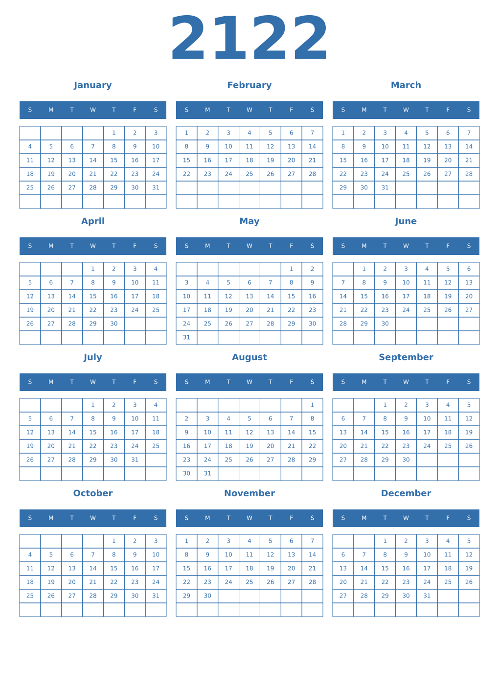 Printable 2122 Year Calendars blue