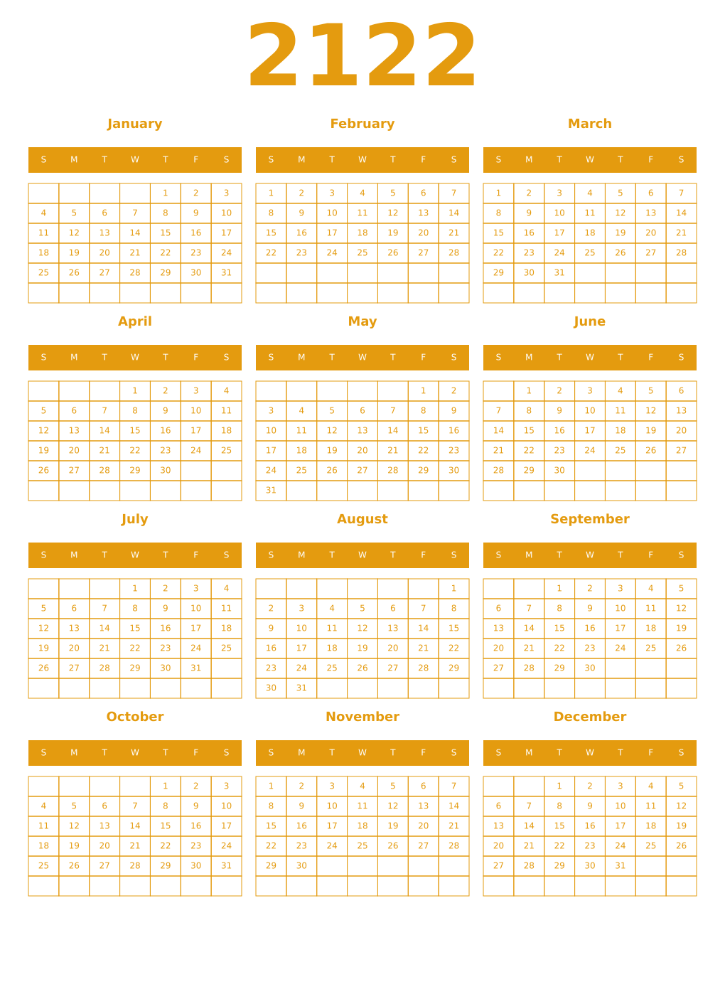 Printable 2122 Year Calendars gamboge