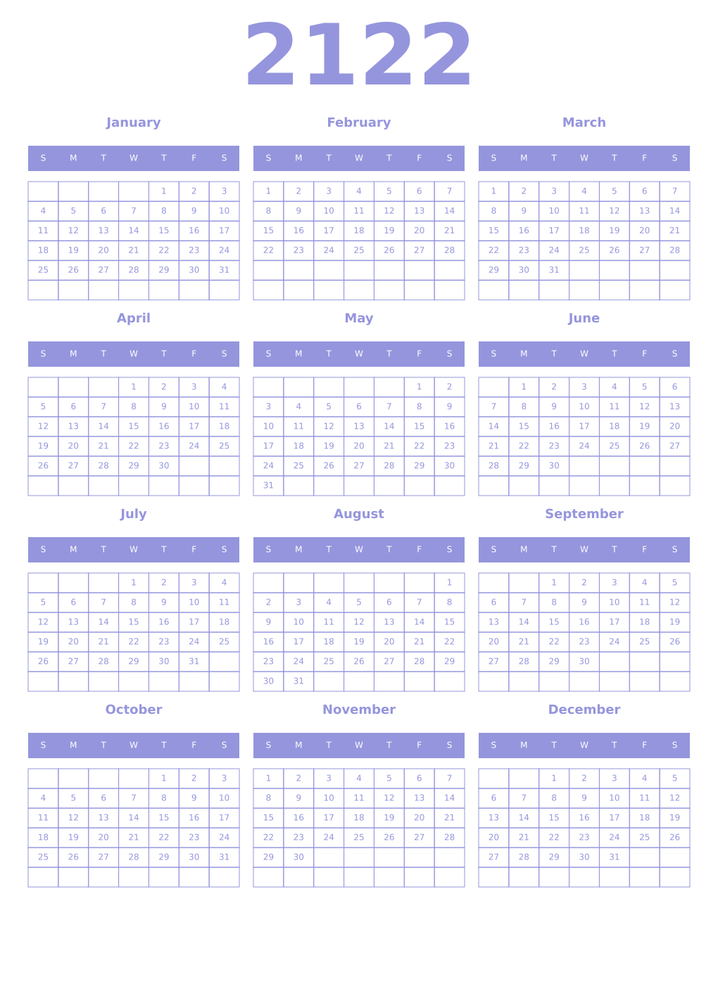 Printable 2122 Year Calendars periwinkle