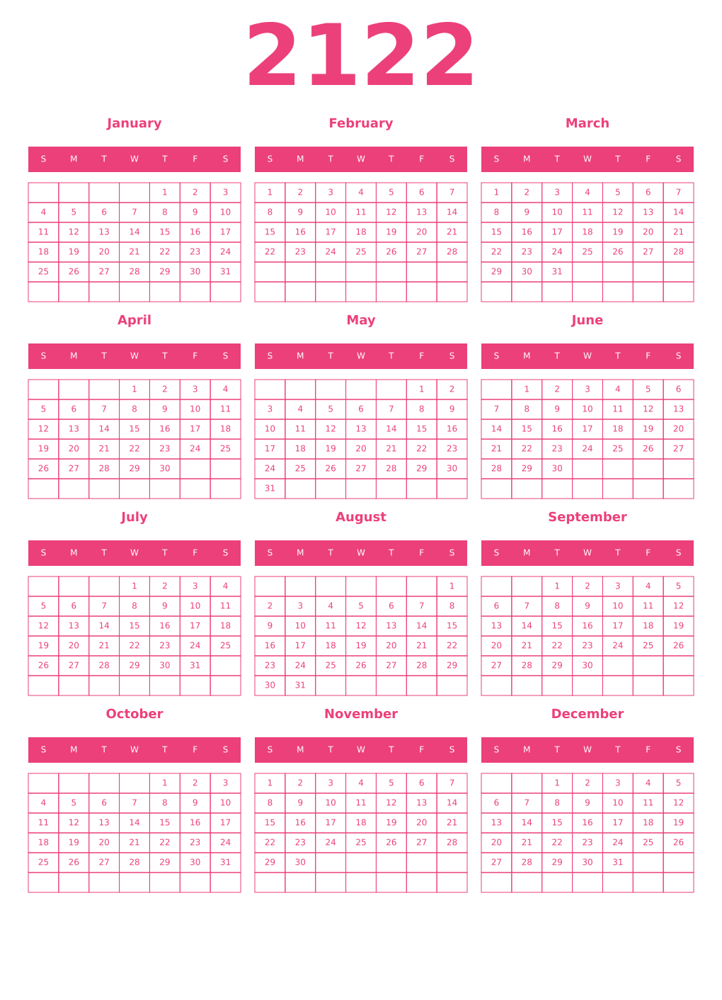 Printable 2122 Year Calendars pink