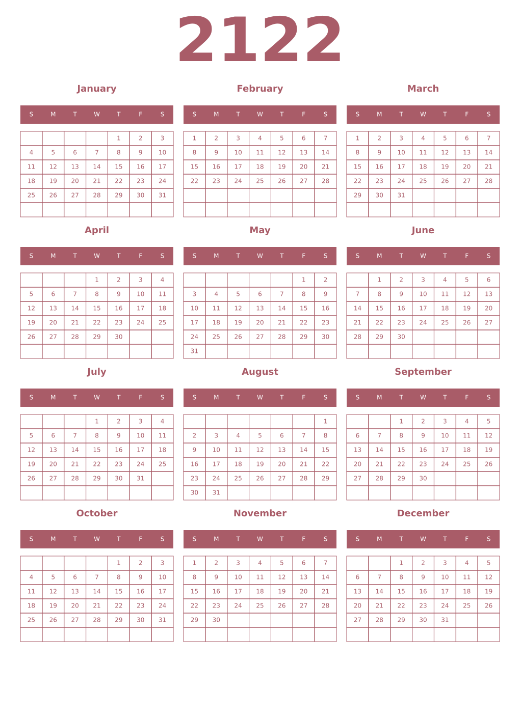 Printable 2122 Year Calendars puce