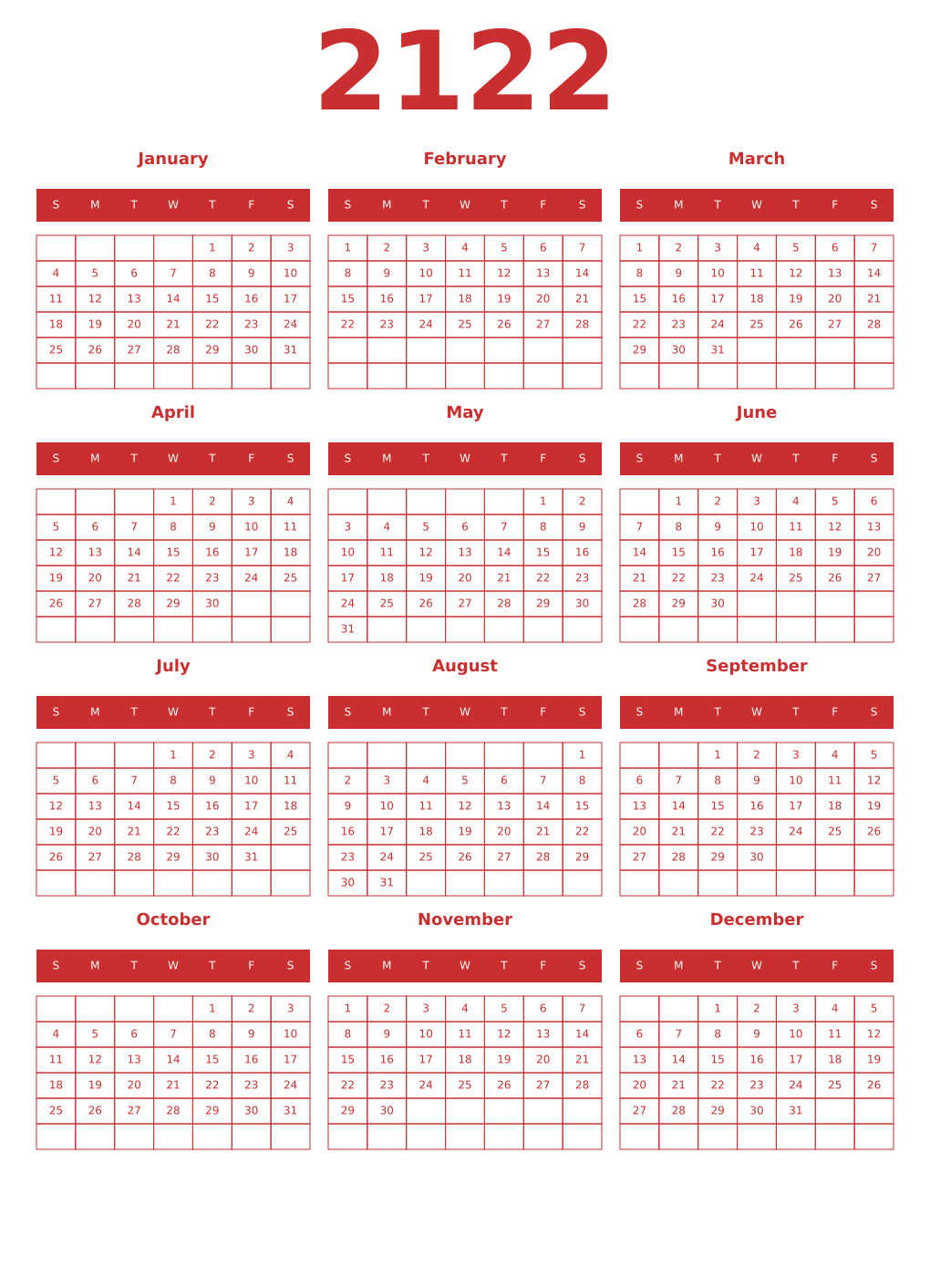 Printable 2122 Year Calendars red