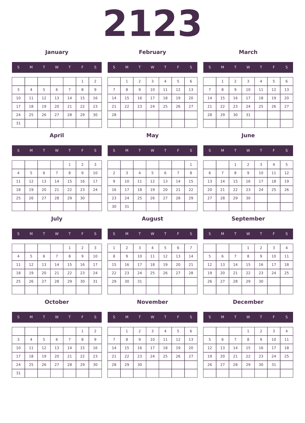 Printable 2123 Year Calendars aubergine