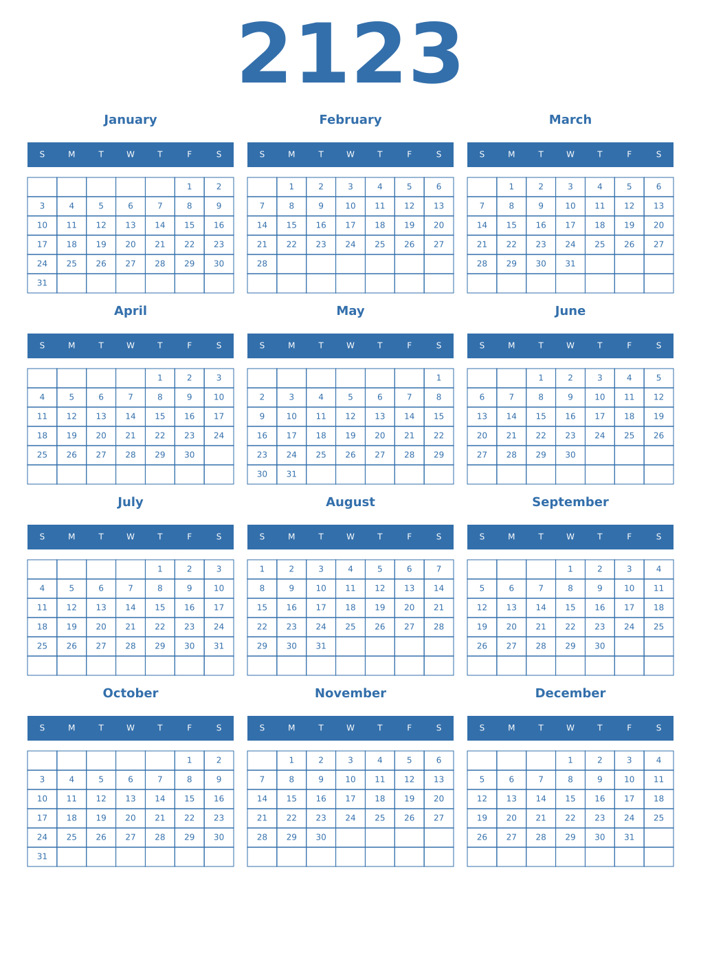 Printable 2123 Year Calendars blue