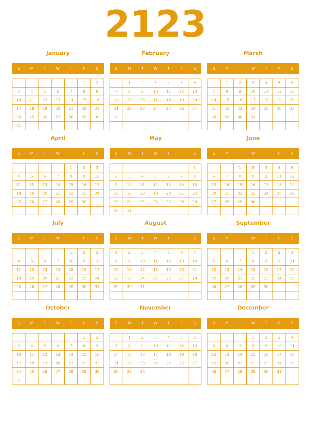 Printable 2123 Year Calendars gamboge