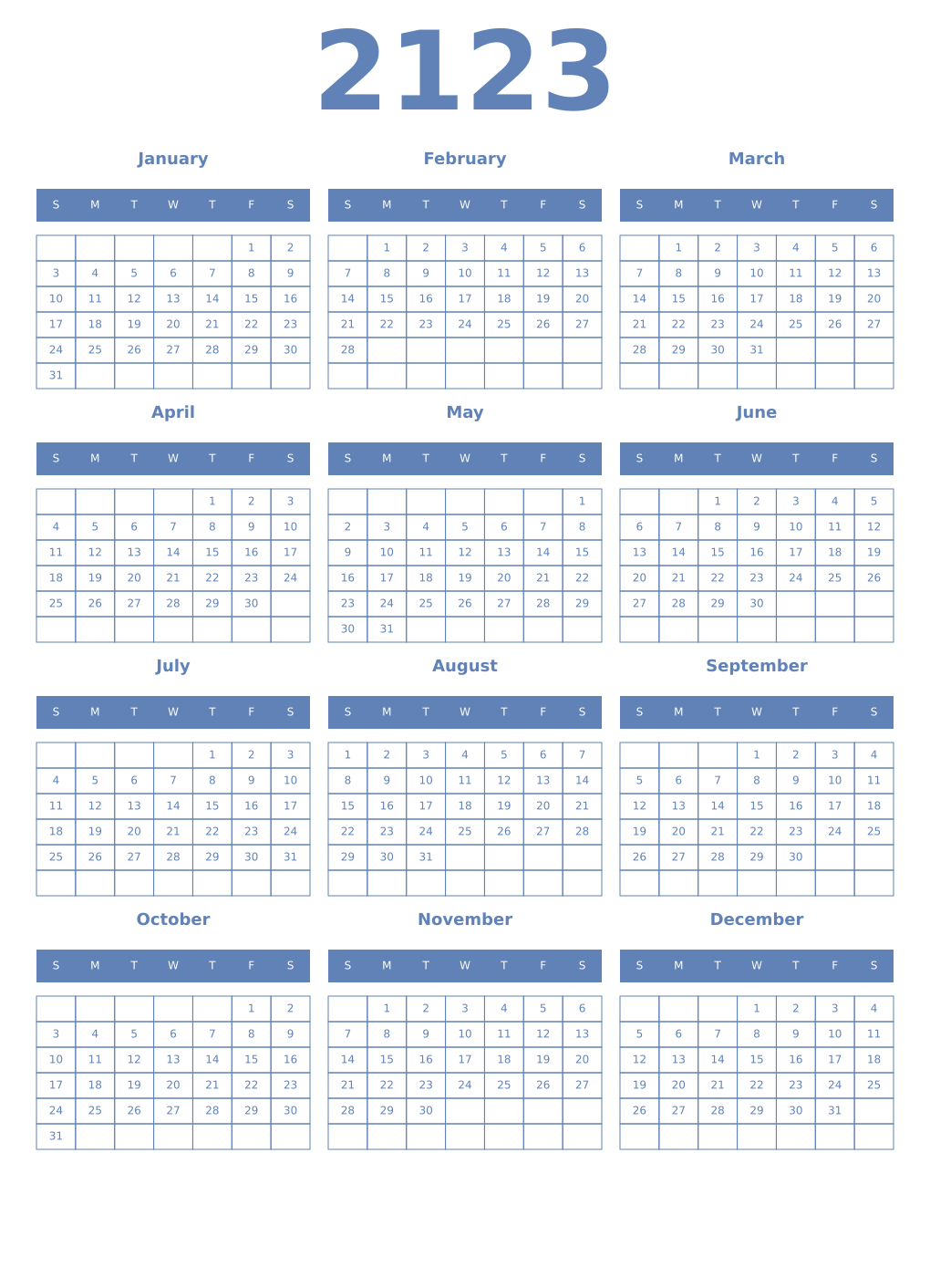 Printable 2123 Year Calendars glaucous