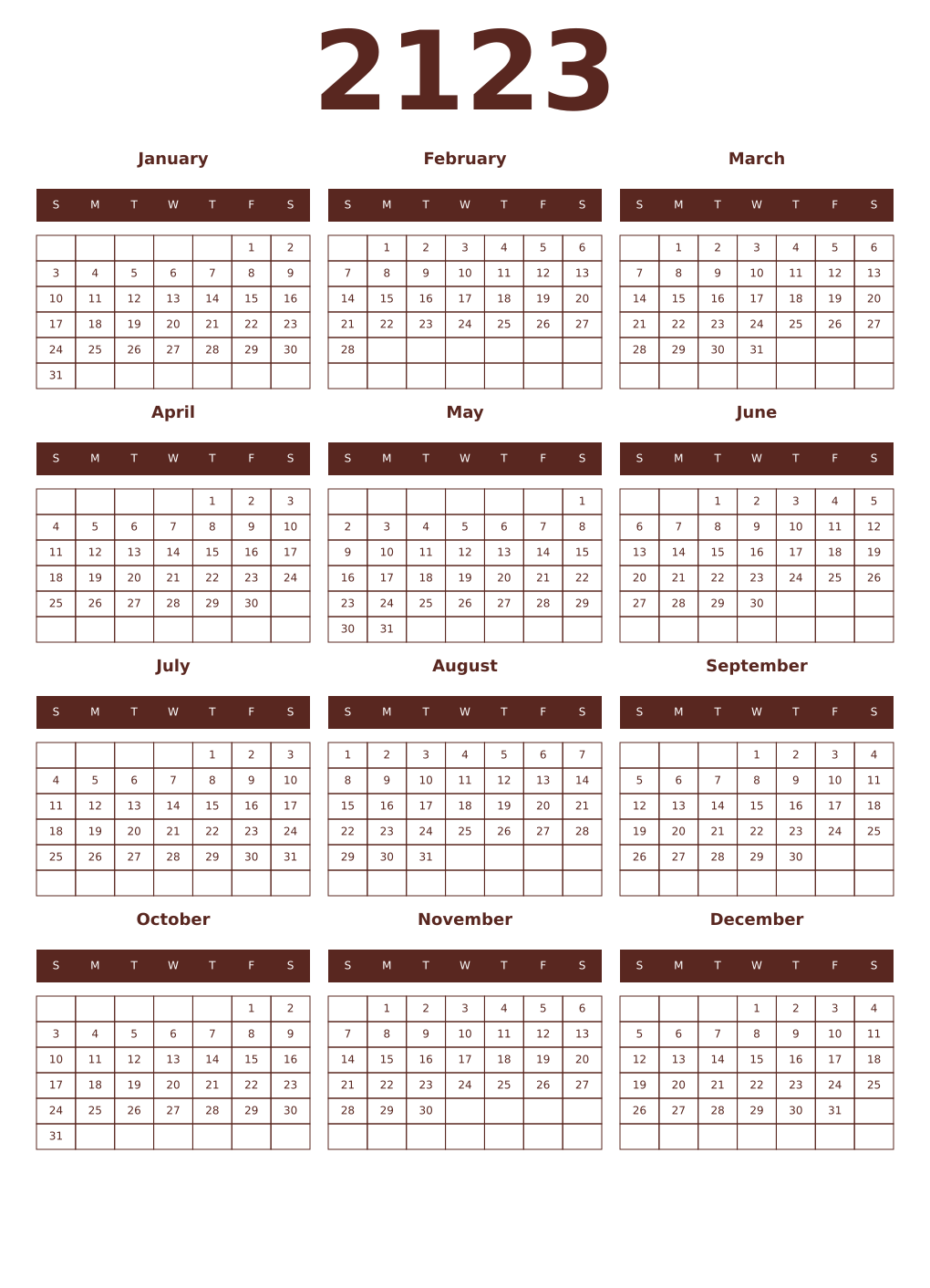 Printable 2123 Year Calendars mortuum