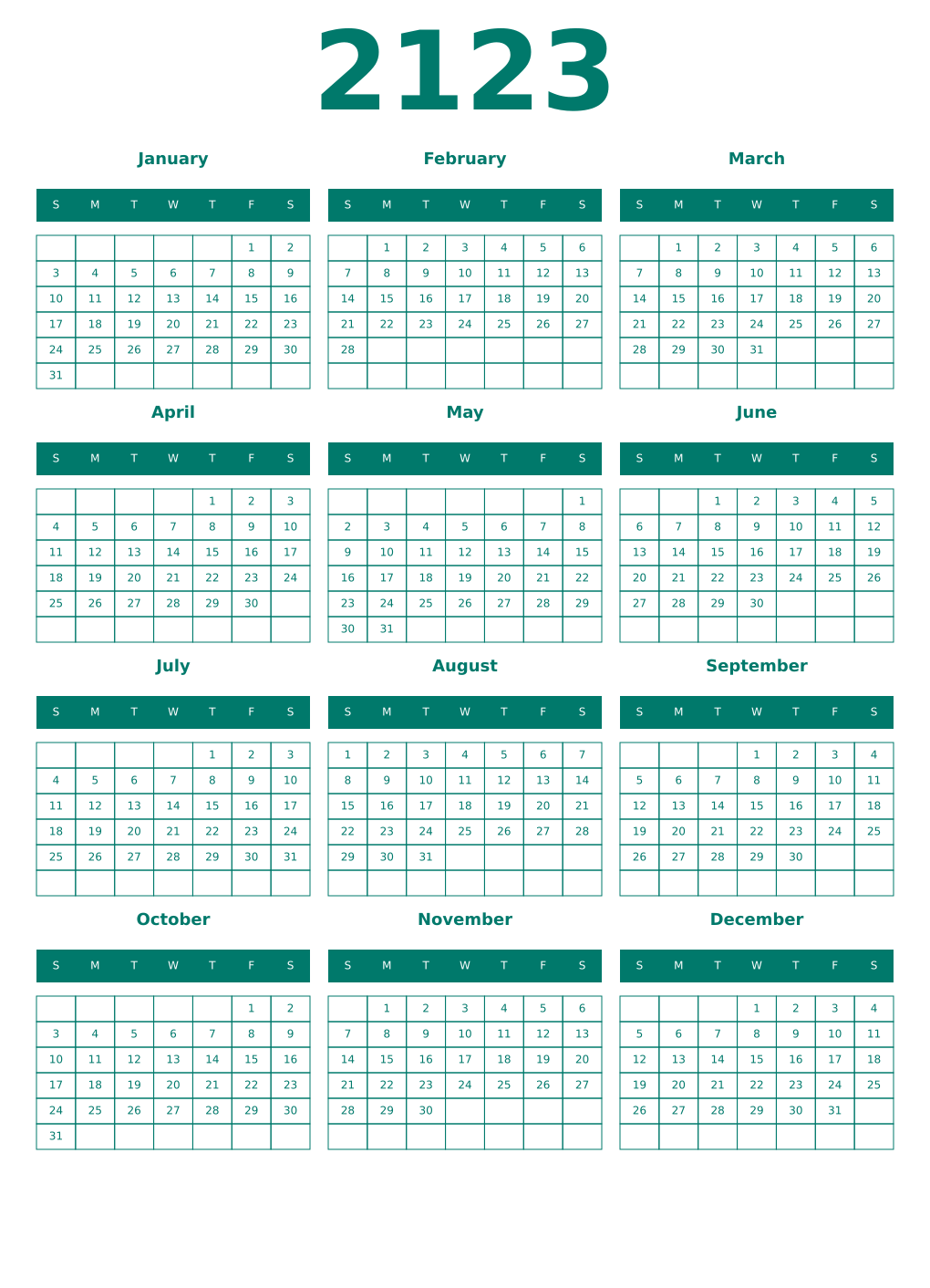 Printable 2123 Year Calendars pastel
