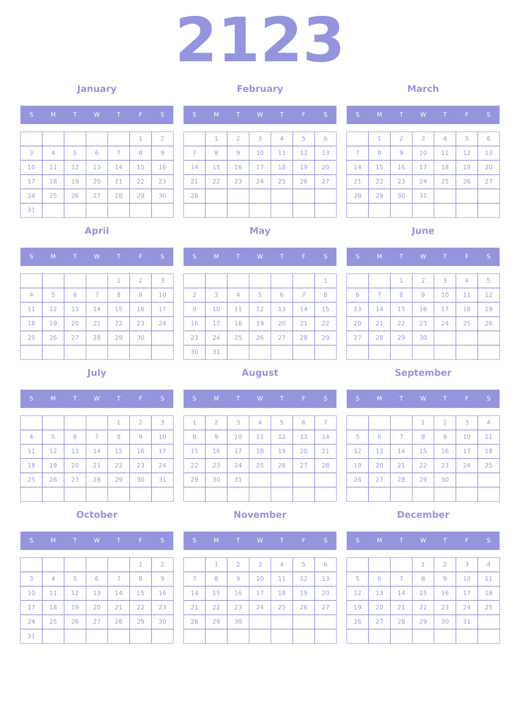 Printable 2123 Year Calendars periwinkle
