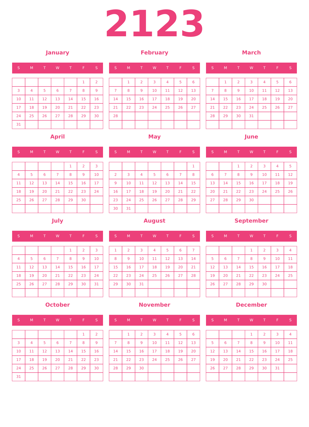 Printable 2123 Year Calendars pink