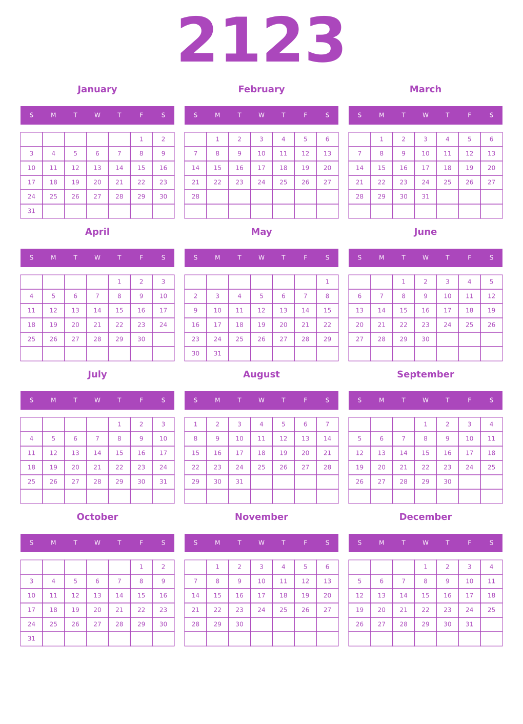 Printable 2123 Year Calendars purple