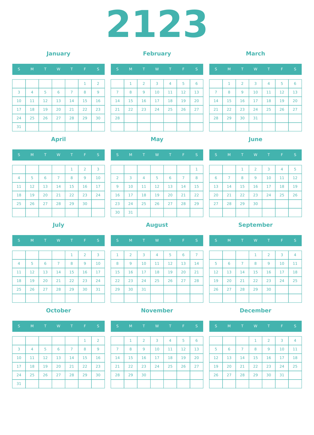 Printable 2123 Year Calendars verdigris