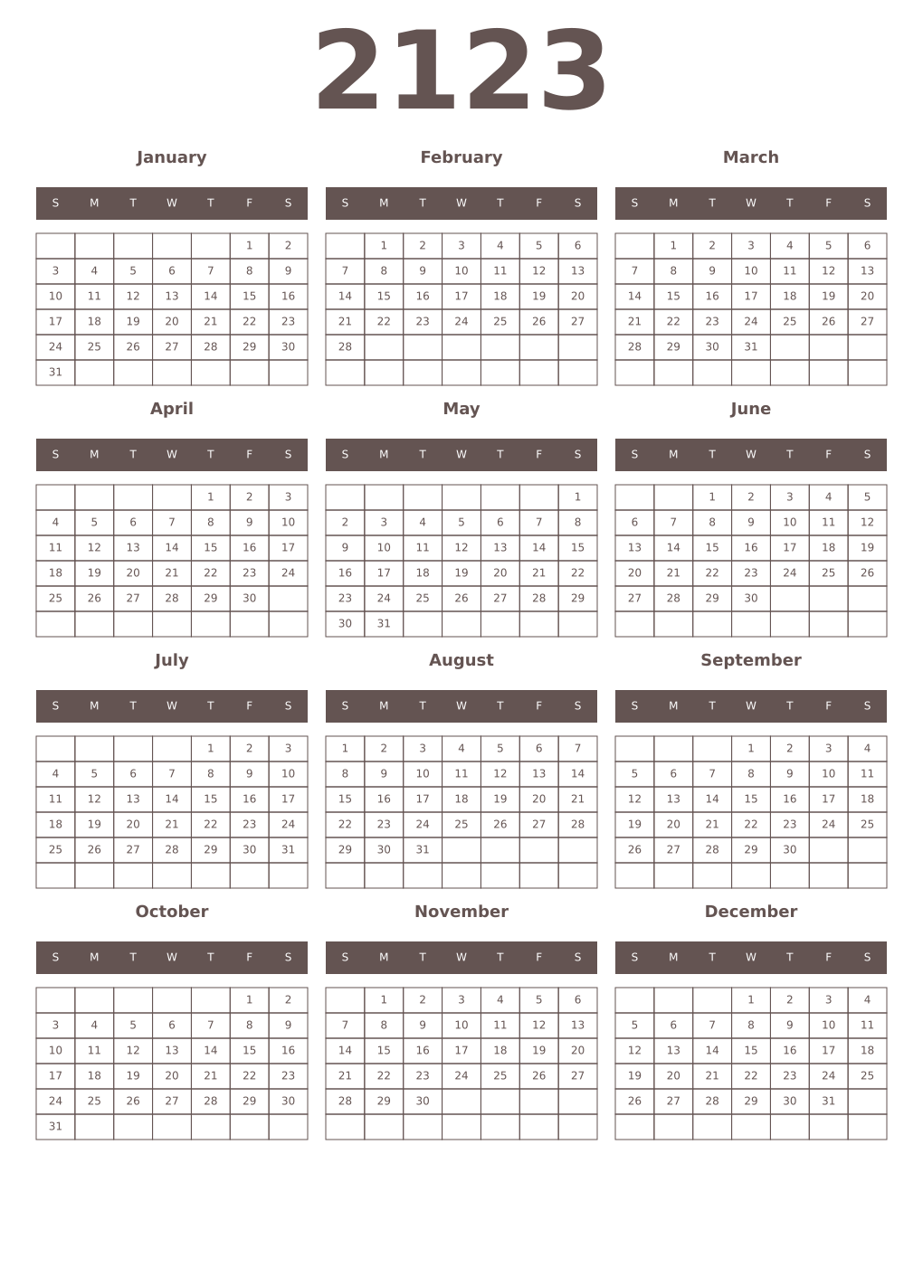 Printable 2123 Year Calendars wenge
