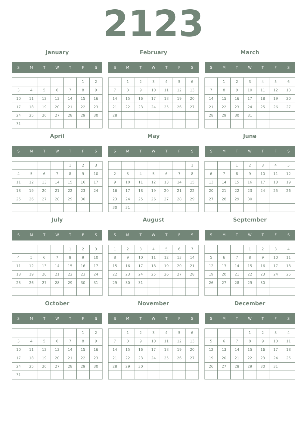 Printable 2123 Year Calendars xanadu