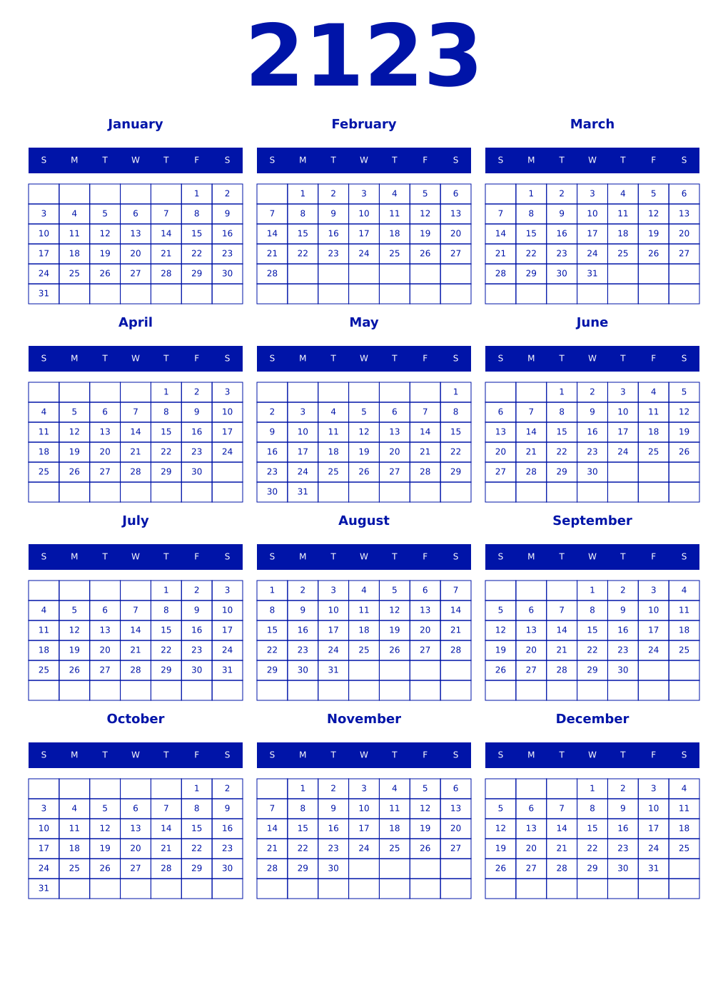 Printable 2123 Year Calendars zaffre