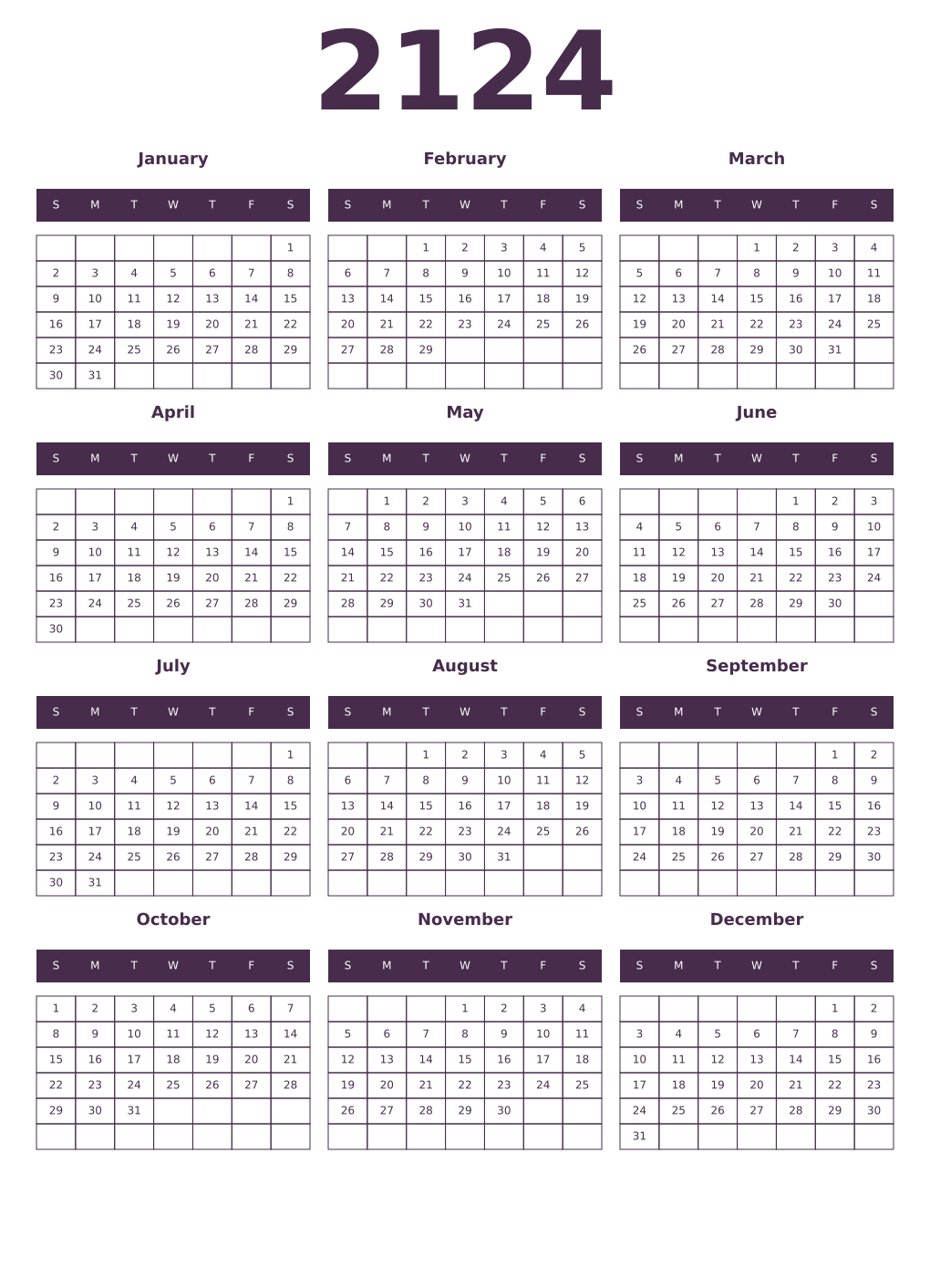 Printable 2124 Year Calendars aubergine