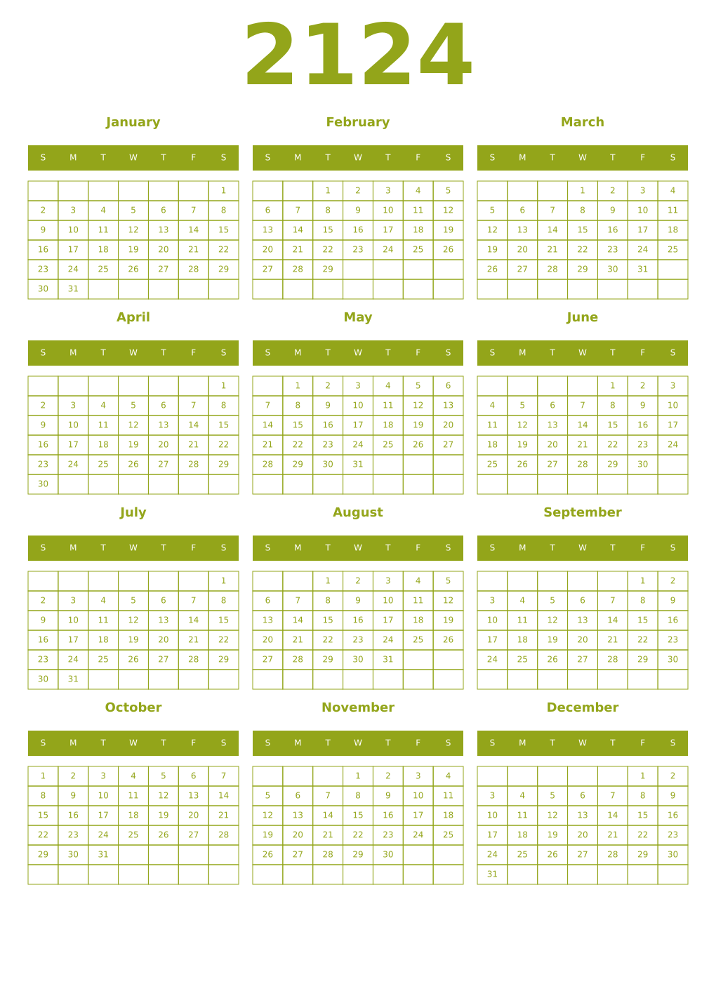 Printable 2124 Year Calendars chartreuse