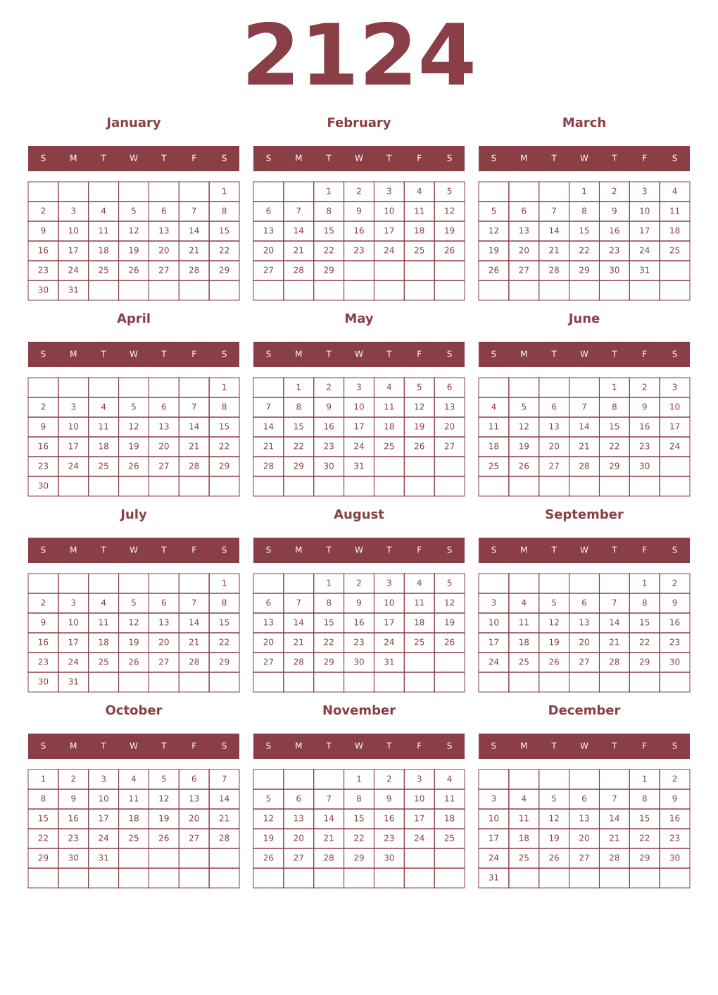 Printable 2124 Year Calendars cordovan